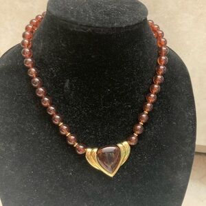Napier Brown Baltic Amber Bead Necklace with Gold Heart